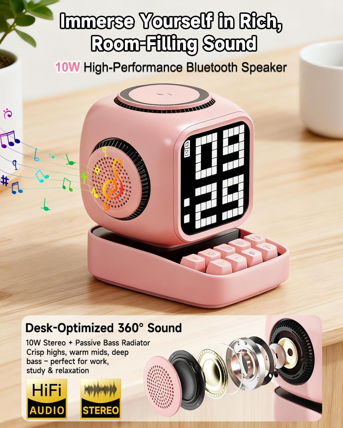 Retro Robot 5-In-1 Bluetooth Speaker: 15W Wireless Charger, Pixel LED Screen, 10W Stereo Sound & 15 White Noise, Alarm Clock, Cute Portable Wireless Speaker for Bedroom Desk Office, Birthday Gifts