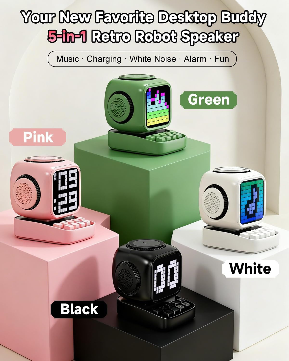 Retro Robot 5-In-1 Bluetooth Speaker: 15W Wireless Charger, Pixel LED Screen, 10W Stereo Sound & 15 White Noise, Alarm Clock, Cute Portable Wireless Speaker for Bedroom Desk Office, Birthday Gifts