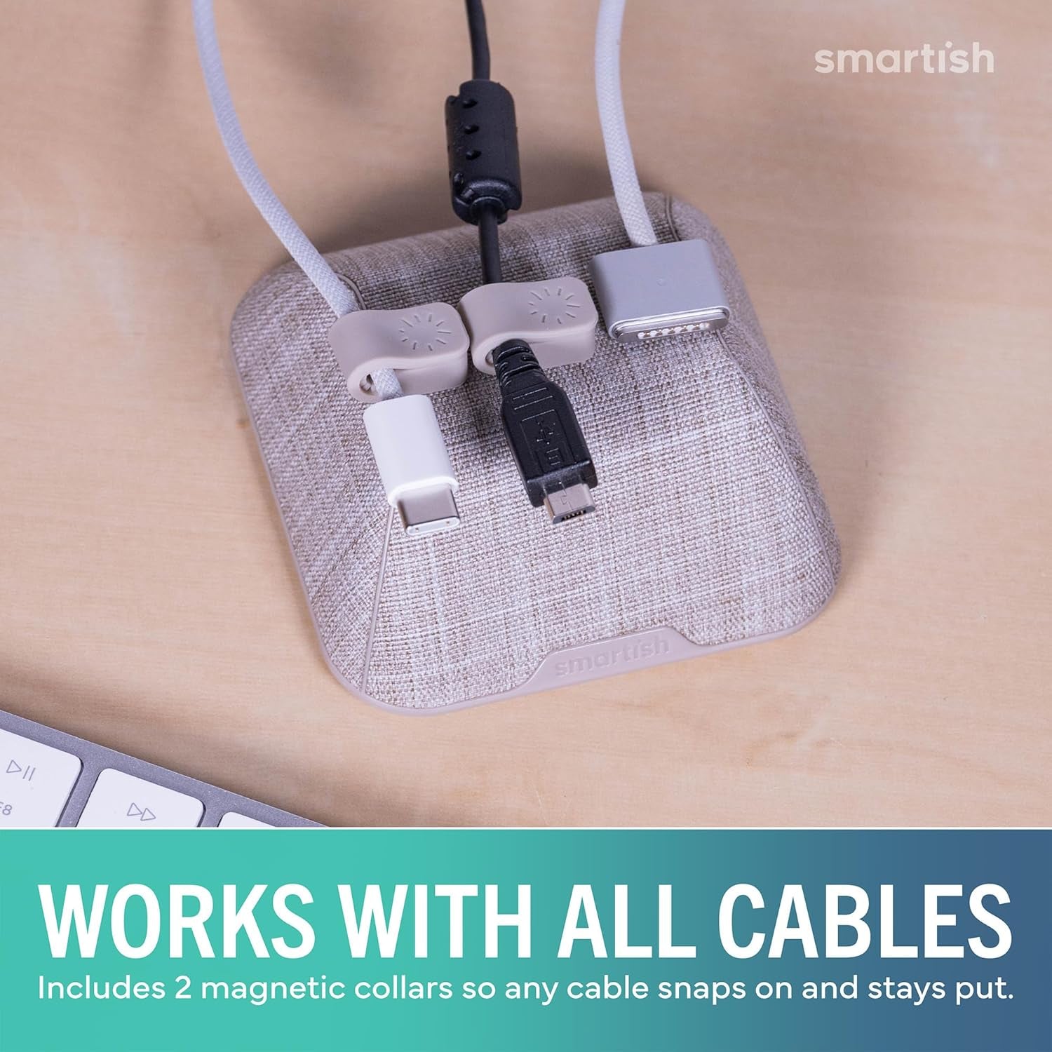 ® Magnetic Cord Holder - Cable Wrangler Organizer with Magnet Clips for Charger Management on Desktop, Nightstand for USB-C + Lightning - Lightly Toasted Beige