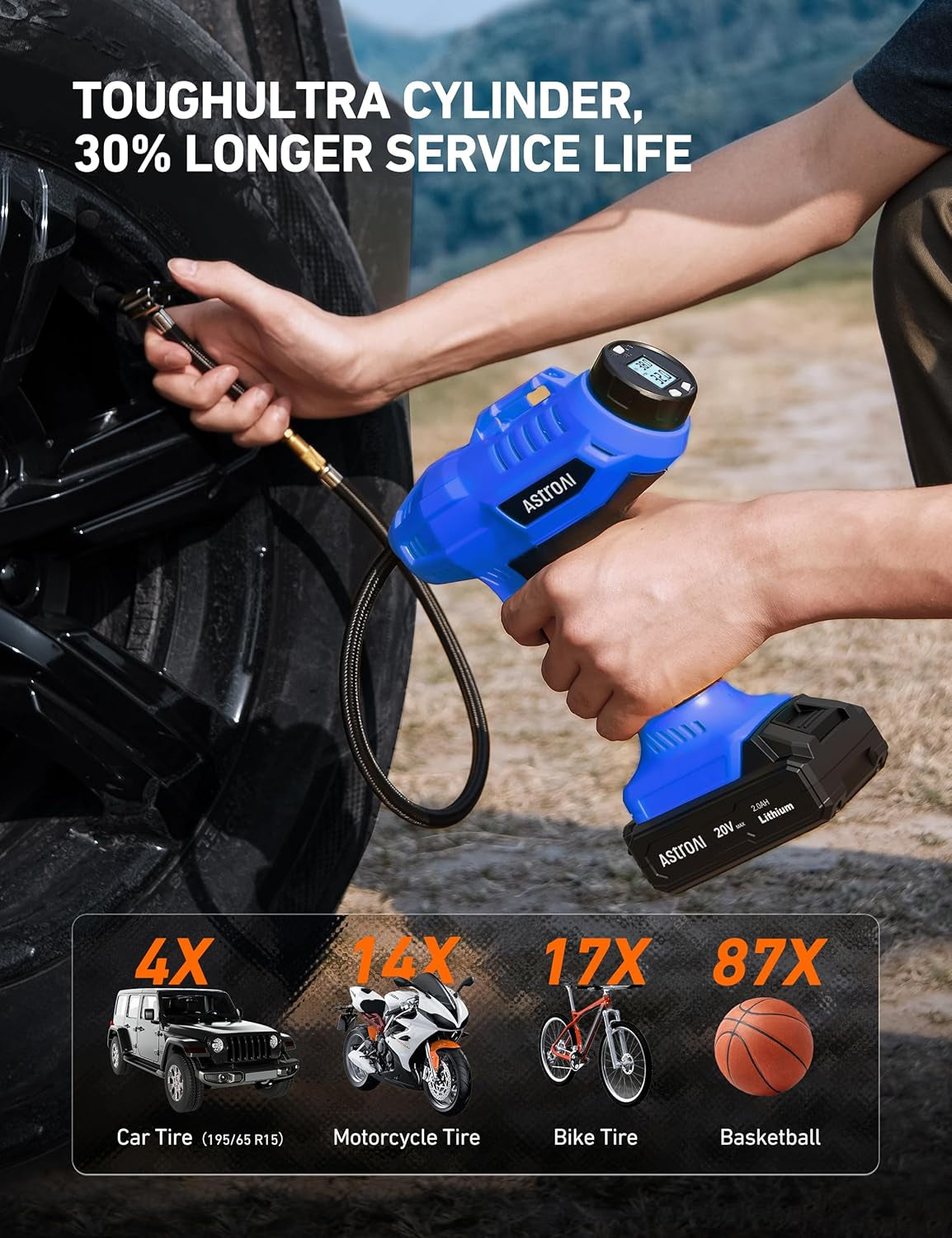 C2 Cordless Tire Inflator Air Compressor 20V Rechargeable Battery Powered 160PSI Portable Handheld Air Pump with 12V Car Power Adapter Digital Pressure Gauge for Cars Motorcycles Gift Blue