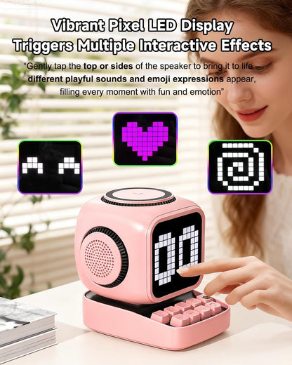 Retro Robot 5-In-1 Bluetooth Speaker: 15W Wireless Charger, Pixel LED Screen, 10W Stereo Sound & 15 White Noise, Alarm Clock, Cute Portable Wireless Speaker for Bedroom Desk Office, Birthday Gifts