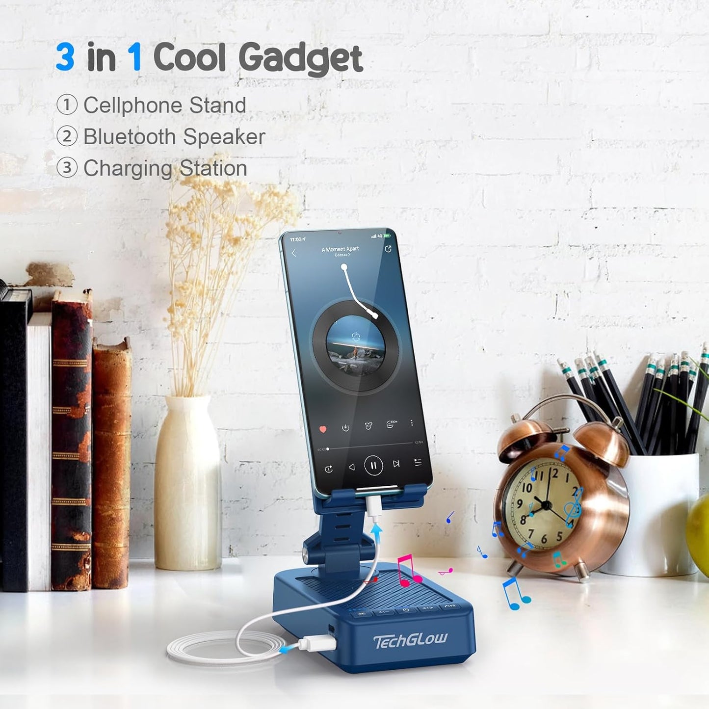 Gifts for Men Women Foldable Cellphone Stand with Bluetooth Speaker and Charging Function 360° Rotatable Phone Stand Birthday Gift Idea for Mom Dad Cool Tech Gifts-Blue