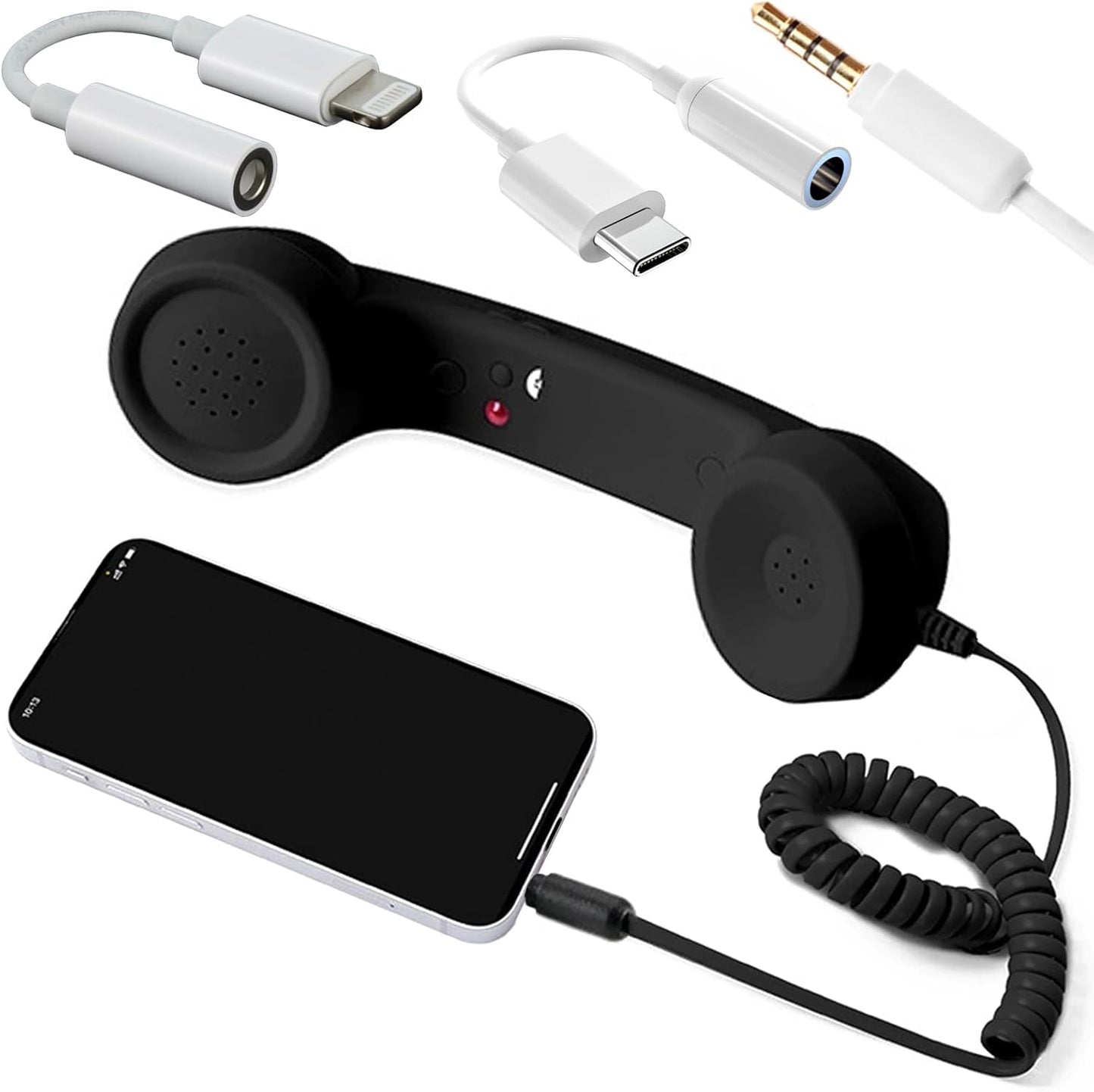 Sunggle Tail Retro Phone Handset for Cell Phone with 3.5Mm Jack, USB-C & Lightning Adapters Wired Vintage Telephone Receiver with Microphone Speaker Answer Button for Smartphones, Tablets & Computers