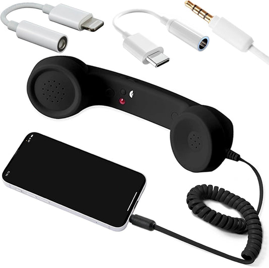 Sunggle Tail Retro Phone Handset for Cell Phone with 3.5Mm Jack, USB-C & Lightning Adapters Wired Vintage Telephone Receiver with Microphone Speaker Answer Button for Smartphones, Tablets & Computers