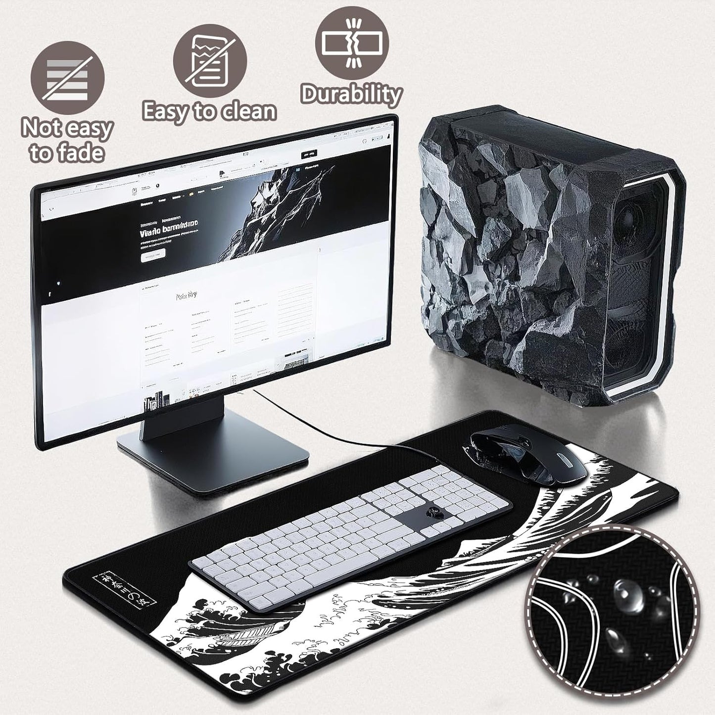 Mouse Pad Gaming - Desk Mat for Keyboard and Mouse - Kanagawa Large Mouse Pad for Desk, Japanese Sea Wave Mousepad (31.5 X 11.8Inch) with Non-Slip Base, Desks Pad Mat for Game, Office and Home