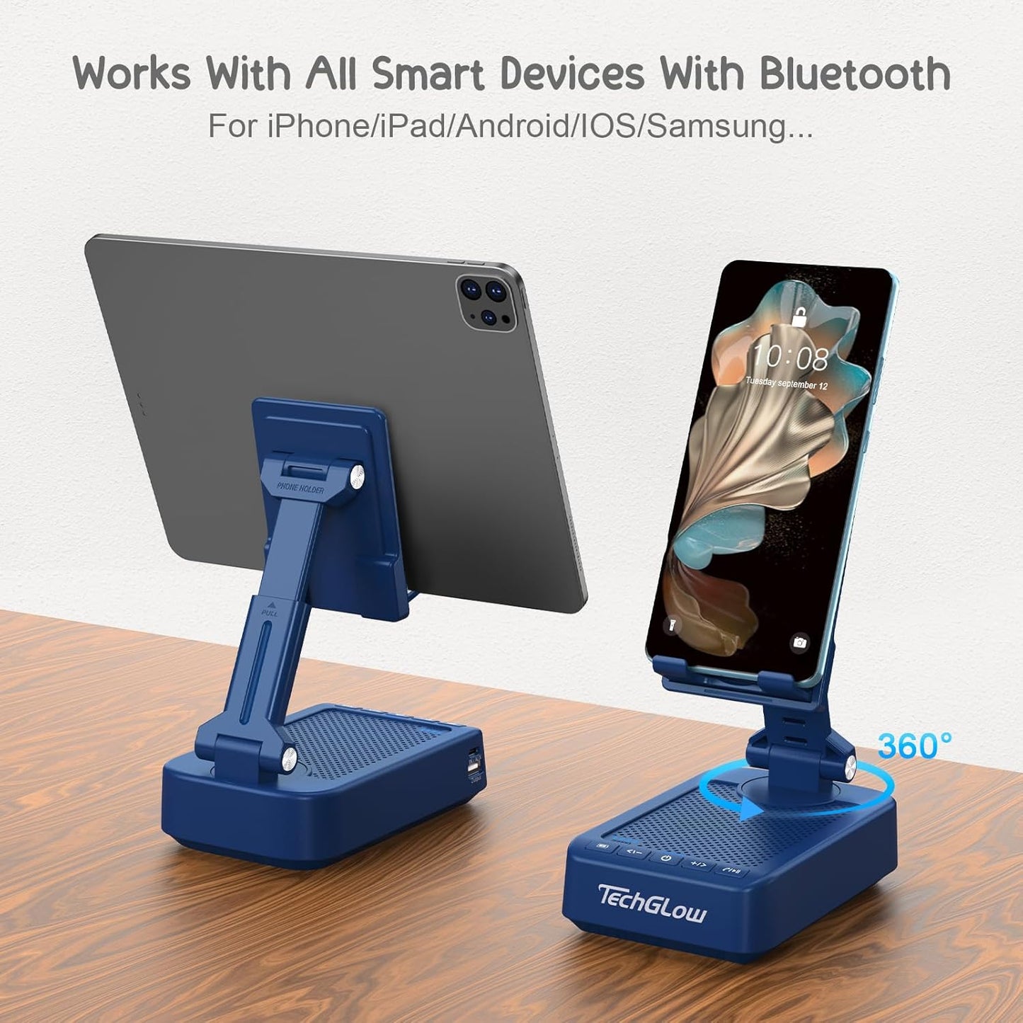 Gifts for Men Women Foldable Cellphone Stand with Bluetooth Speaker and Charging Function 360° Rotatable Phone Stand Birthday Gift Idea for Mom Dad Cool Tech Gifts-Blue