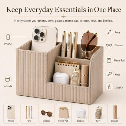 Desk Pen Organizer Office Supplies Caddy Pu Leather Multi-Function Storage Box Pen/Pencil,Cell Phone, Business Name Cards Remote Control Holder (Mocha Beige)