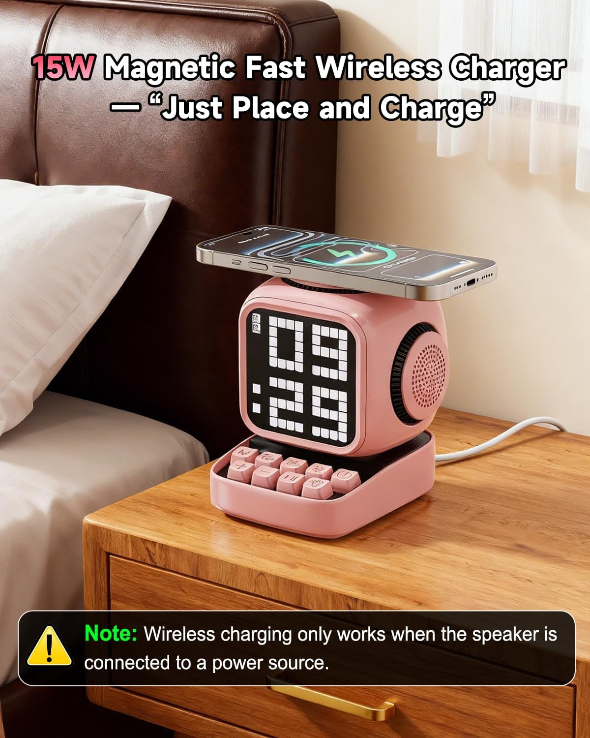 Retro Robot 5-In-1 Bluetooth Speaker: 15W Wireless Charger, Pixel LED Screen, 10W Stereo Sound & 15 White Noise, Alarm Clock, Cute Portable Wireless Speaker for Bedroom Desk Office, Birthday Gifts