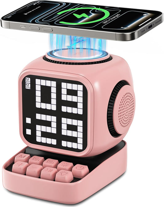 Retro Robot 5-In-1 Bluetooth Speaker: 15W Wireless Charger, Pixel LED Screen, 10W Stereo Sound & 15 White Noise, Alarm Clock, Cute Portable Wireless Speaker for Bedroom Desk Office, Birthday Gifts
