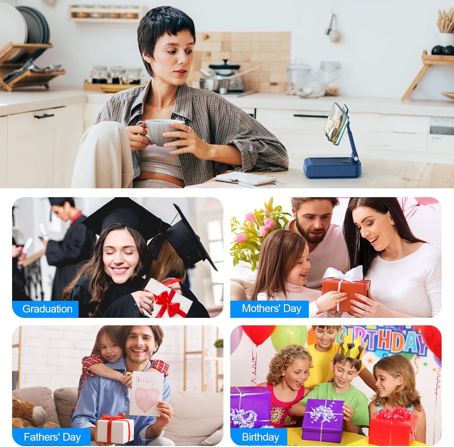 Gifts for Men Women Foldable Cellphone Stand with Bluetooth Speaker and Charging Function 360° Rotatable Phone Stand Birthday Gift Idea for Mom Dad Cool Tech Gifts-Blue