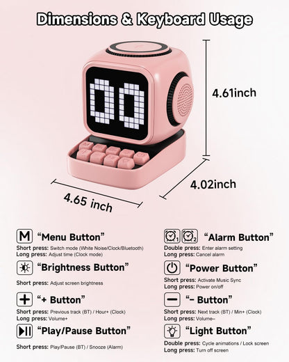 Retro Robot 5-In-1 Bluetooth Speaker: 15W Wireless Charger, Pixel LED Screen, 10W Stereo Sound & 15 White Noise, Alarm Clock, Cute Portable Wireless Speaker for Bedroom Desk Office, Birthday Gifts