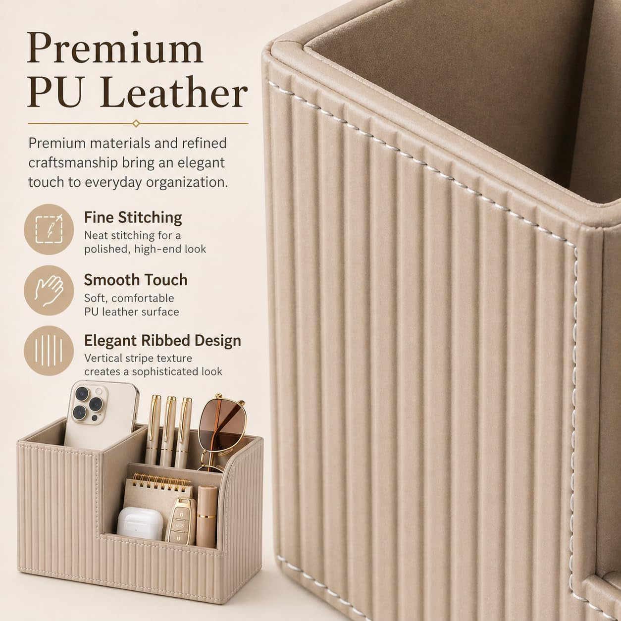 Desk Pen Organizer Office Supplies Caddy Pu Leather Multi-Function Storage Box Pen/Pencil,Cell Phone, Business Name Cards Remote Control Holder (Mocha Beige)