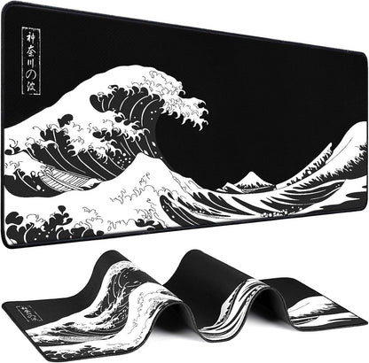 Mouse Pad Gaming - Desk Mat for Keyboard and Mouse - Kanagawa Large Mouse Pad for Desk, Japanese Sea Wave Mousepad (31.5 X 11.8Inch) with Non-Slip Base, Desks Pad Mat for Game, Office and Home