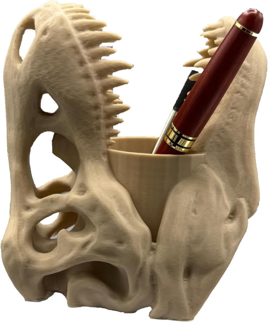 Dinosaur Pen Holder for Desk - T-Rex Skull Fossil Statue Desk Organizer - Unique Office Desk Accessory & Stationery Organizer - Cool Fossil Decoration Gift for Science Enthusiasts, Boys, and Coworkers