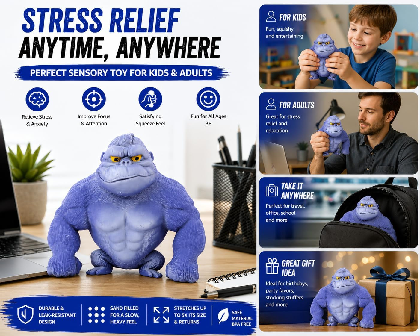 Stretchy Gorilla Fidget Toy, 5X Stretch Blue Gorilla Squeeze Toy, Sand Filled Squishy Stress Relief Toy for Kids & Adults, Fun Desk Toy, Ages 3+