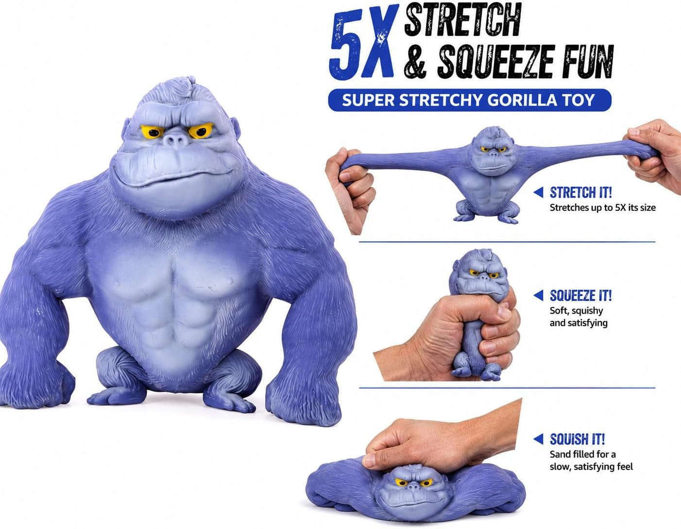 Stretchy Gorilla Fidget Toy, 5X Stretch Blue Gorilla Squeeze Toy, Sand Filled Squishy Stress Relief Toy for Kids & Adults, Fun Desk Toy, Ages 3+