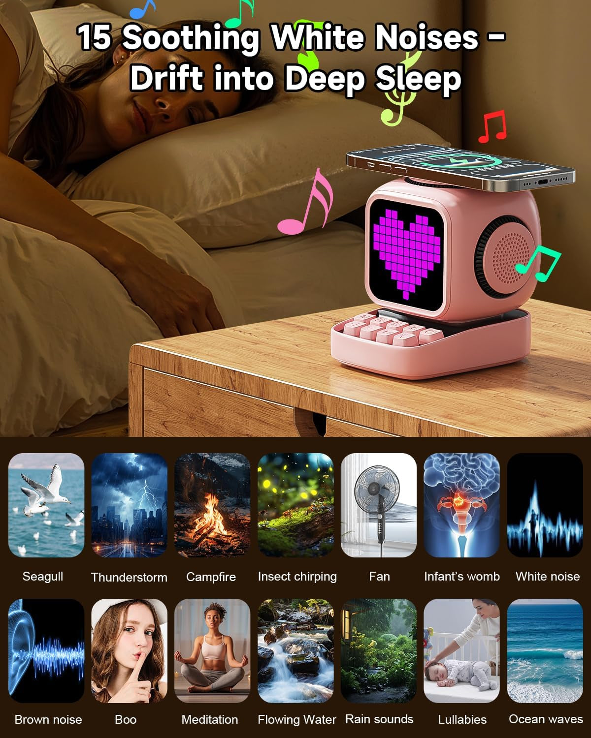 Retro Robot 5-In-1 Bluetooth Speaker: 15W Wireless Charger, Pixel LED Screen, 10W Stereo Sound & 15 White Noise, Alarm Clock, Cute Portable Wireless Speaker for Bedroom Desk Office, Birthday Gifts