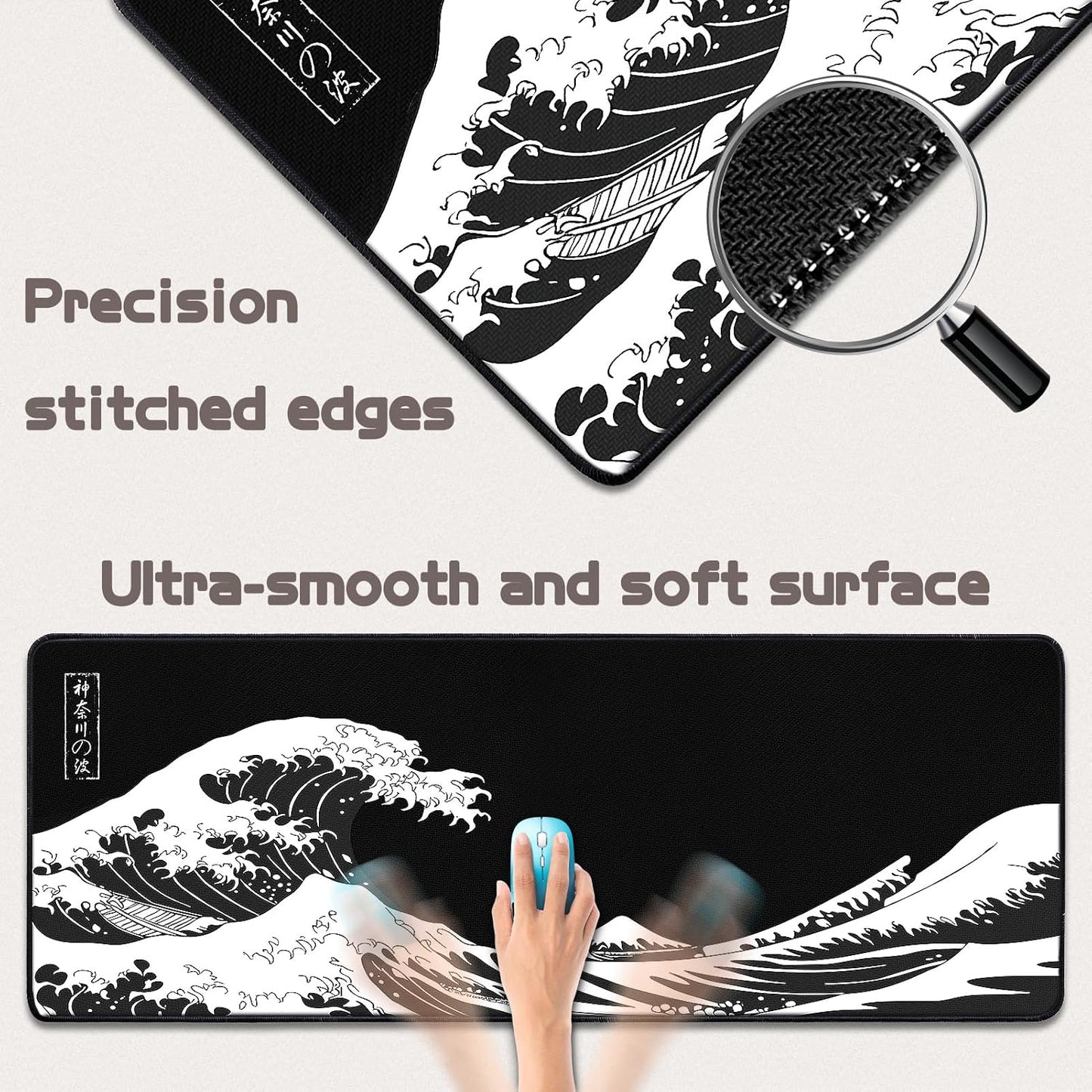 Mouse Pad Gaming - Desk Mat for Keyboard and Mouse - Kanagawa Large Mouse Pad for Desk, Japanese Sea Wave Mousepad (31.5 X 11.8Inch) with Non-Slip Base, Desks Pad Mat for Game, Office and Home