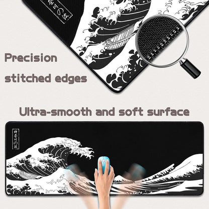 Mouse Pad Gaming - Desk Mat for Keyboard and Mouse - Kanagawa Large Mouse Pad for Desk, Japanese Sea Wave Mousepad (31.5 X 11.8Inch) with Non-Slip Base, Desks Pad Mat for Game, Office and Home