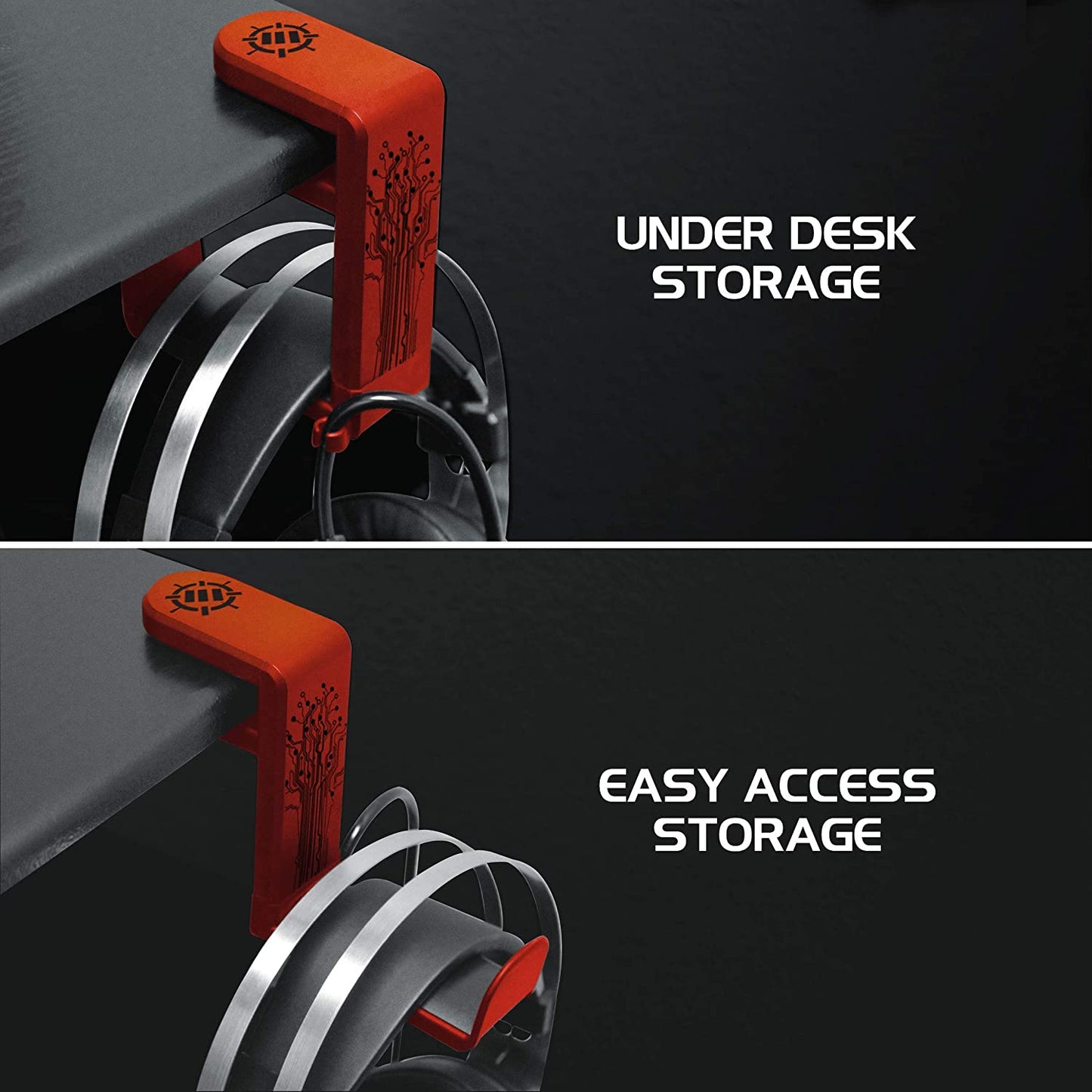 PC Gaming Headphone Holder - Desk Headphone Hanger Esports Headset Holder with Adjustable 360 Rotation, under Desk Hook Clamp, Universal Fit - Built in Cable Clip Organizer - Red