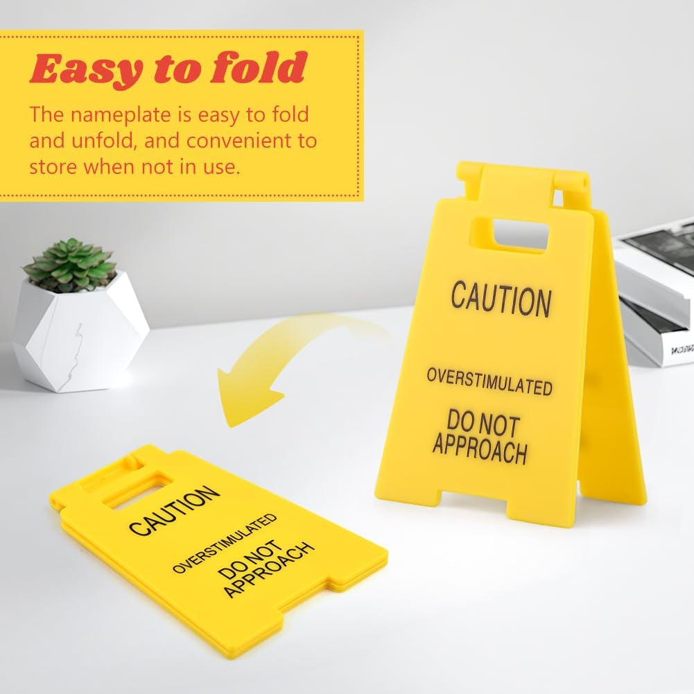 4Pcs Caution Overstimulated Desk Sign, 3D Printed Caution Overstimulated Do Not Approach Signs, Funny Office Warning Sign Desk Decor for Work