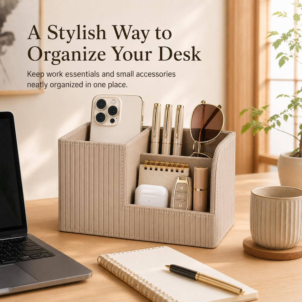 Desk Pen Organizer Office Supplies Caddy Pu Leather Multi-Function Storage Box Pen/Pencil,Cell Phone, Business Name Cards Remote Control Holder (Mocha Beige)