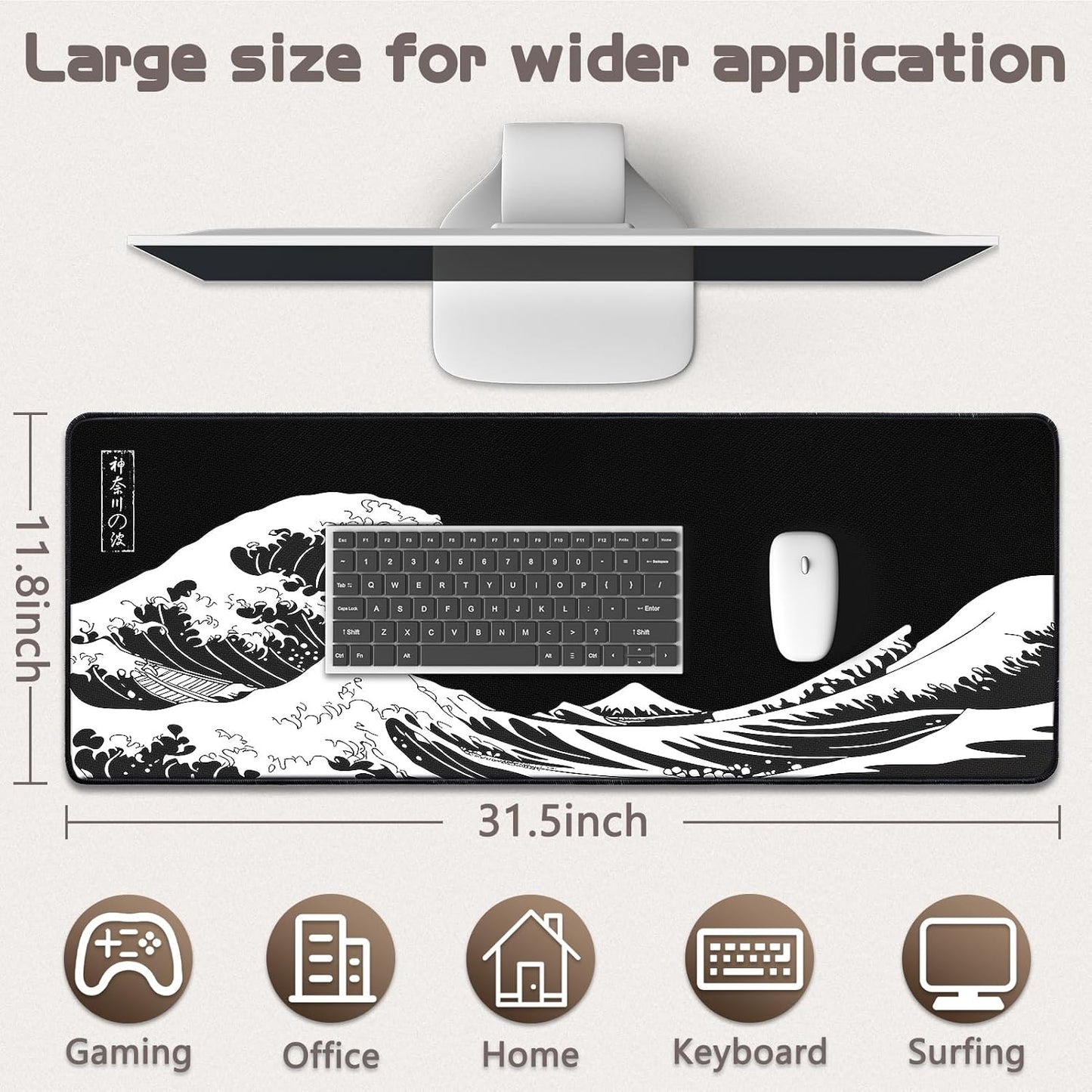 Mouse Pad Gaming - Desk Mat for Keyboard and Mouse - Kanagawa Large Mouse Pad for Desk, Japanese Sea Wave Mousepad (31.5 X 11.8Inch) with Non-Slip Base, Desks Pad Mat for Game, Office and Home
