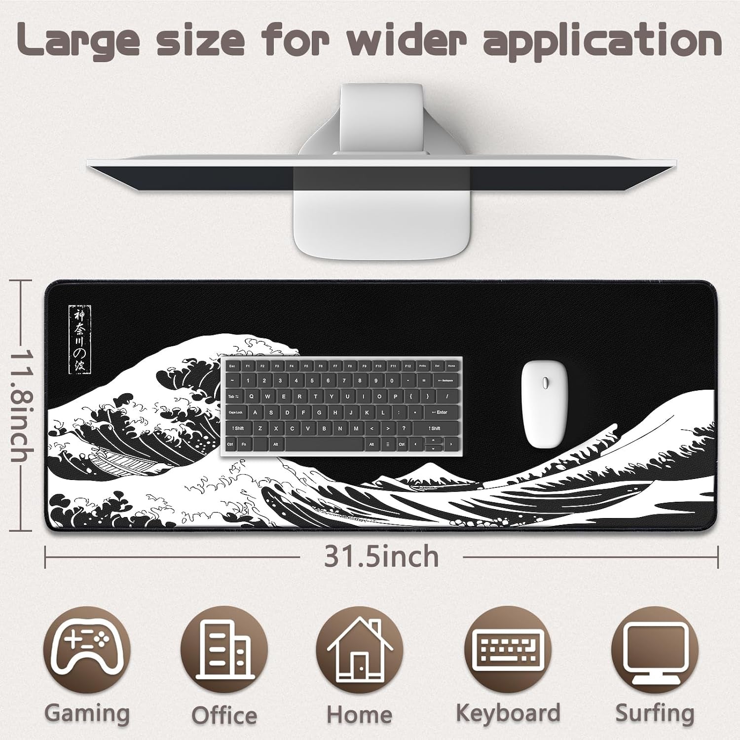 Mouse Pad Gaming - Desk Mat for Keyboard and Mouse - Kanagawa Large Mouse Pad for Desk, Japanese Sea Wave Mousepad (31.5 X 11.8Inch) with Non-Slip Base, Desks Pad Mat for Game, Office and Home