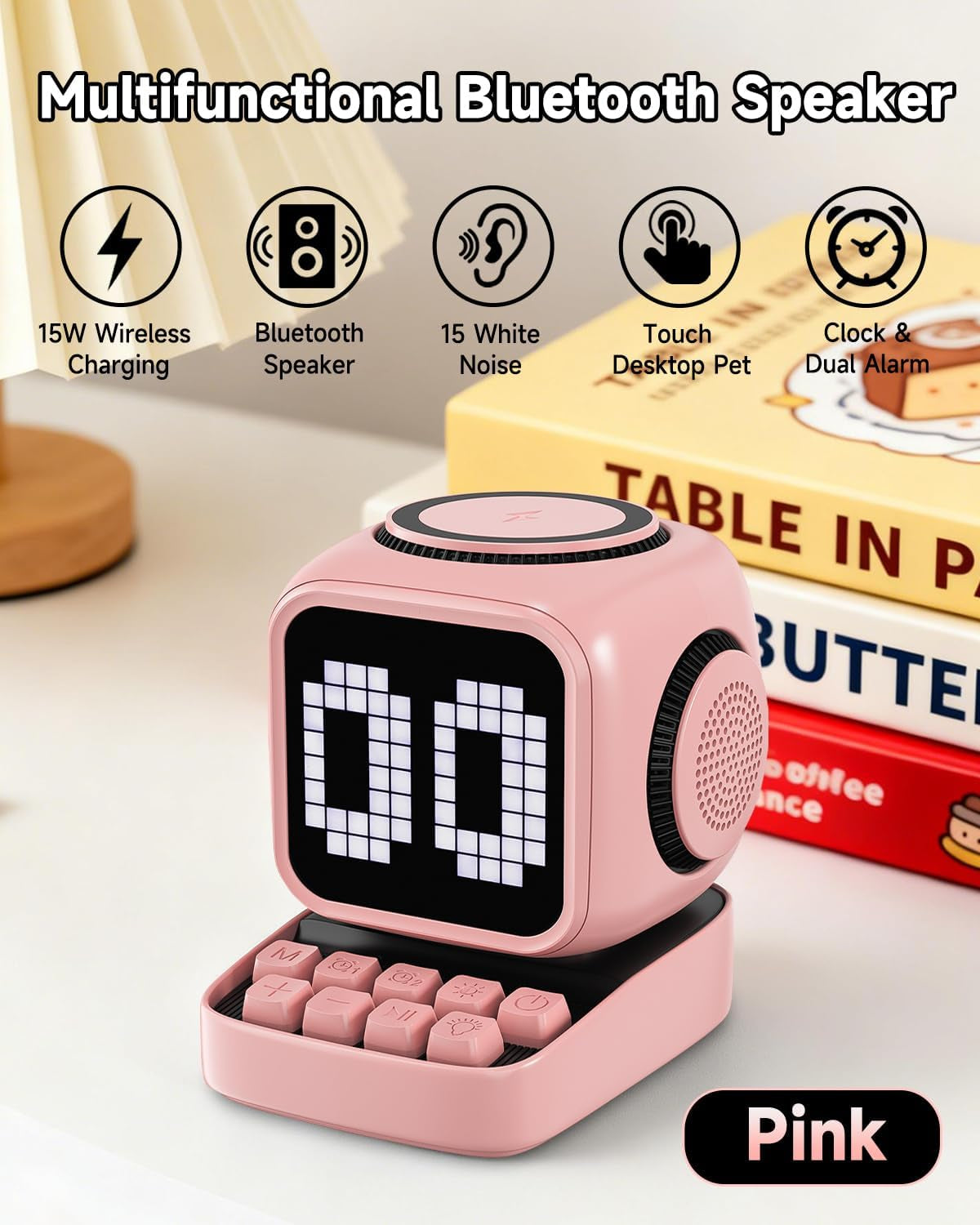 Retro Robot 5-In-1 Bluetooth Speaker: 15W Wireless Charger, Pixel LED Screen, 10W Stereo Sound & 15 White Noise, Alarm Clock, Cute Portable Wireless Speaker for Bedroom Desk Office, Birthday Gifts