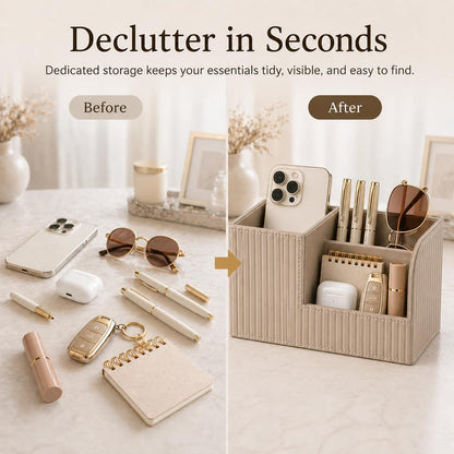 Desk Pen Organizer Office Supplies Caddy Pu Leather Multi-Function Storage Box Pen/Pencil,Cell Phone, Business Name Cards Remote Control Holder (Mocha Beige)