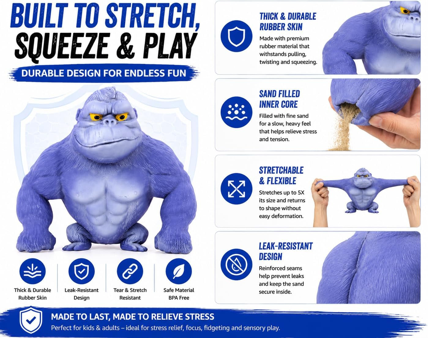 Stretchy Gorilla Fidget Toy, 5X Stretch Blue Gorilla Squeeze Toy, Sand Filled Squishy Stress Relief Toy for Kids & Adults, Fun Desk Toy, Ages 3+