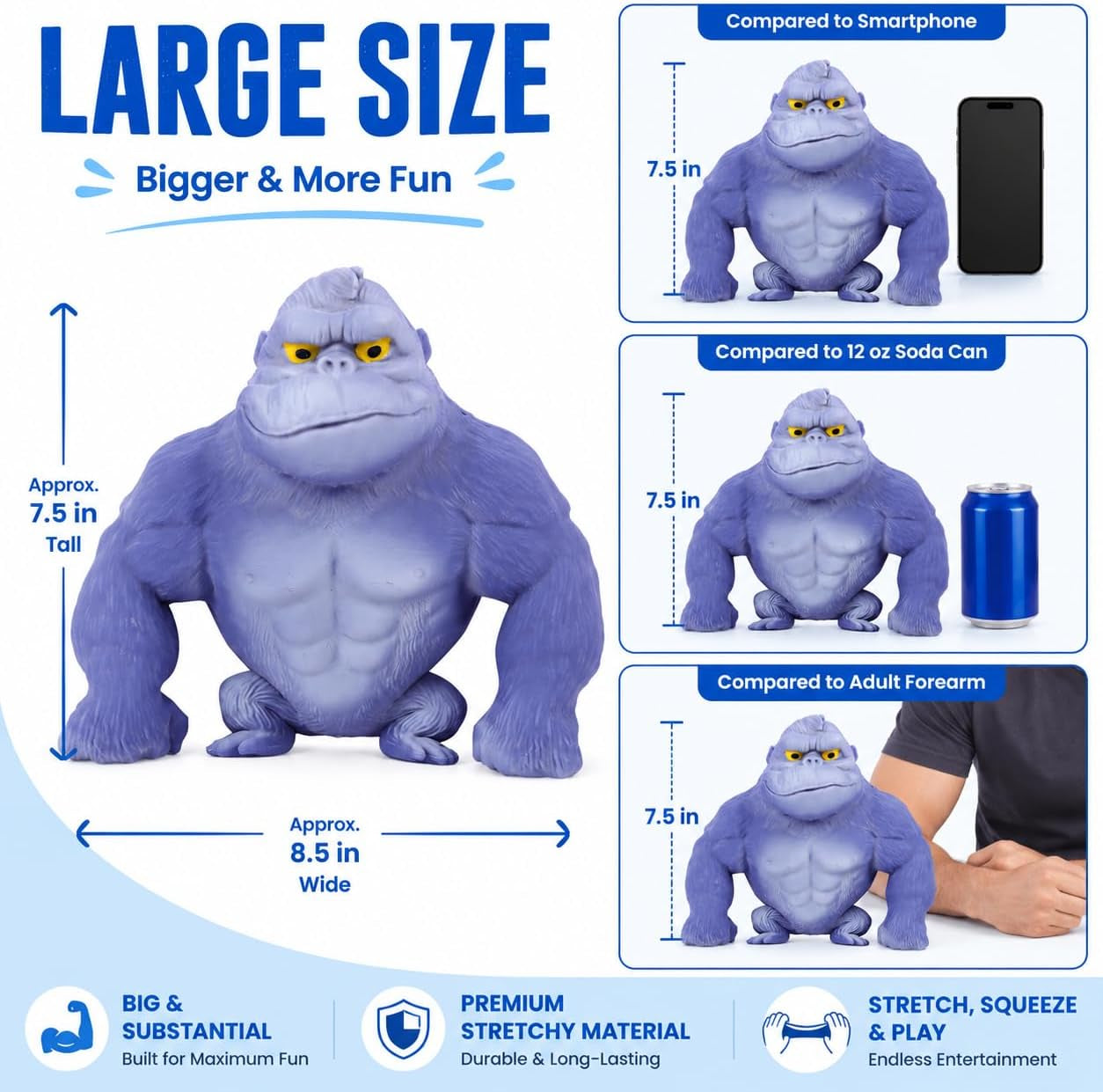 Stretchy Gorilla Fidget Toy, 5X Stretch Blue Gorilla Squeeze Toy, Sand Filled Squishy Stress Relief Toy for Kids & Adults, Fun Desk Toy, Ages 3+