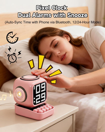 Retro Robot 5-In-1 Bluetooth Speaker: 15W Wireless Charger, Pixel LED Screen, 10W Stereo Sound & 15 White Noise, Alarm Clock, Cute Portable Wireless Speaker for Bedroom Desk Office, Birthday Gifts
