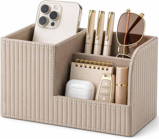 Desk Pen Organizer Office Supplies Caddy Pu Leather Multi-Function Storage Box Pen/Pencil,Cell Phone, Business Name Cards Remote Control Holder (Mocha Beige)